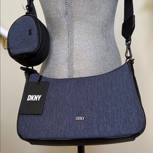DKNY Denim Blue &  Black Crossbody Bag Set. Small attached accessory purse